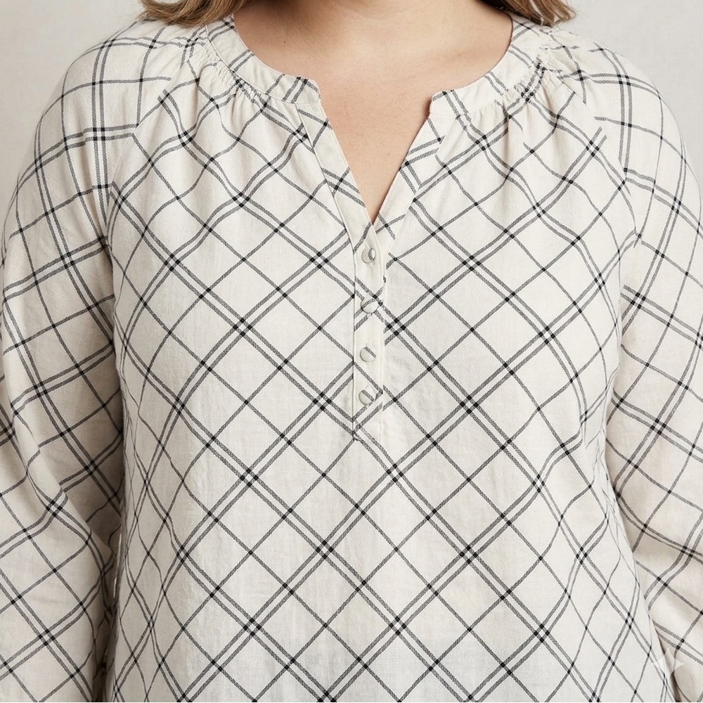 Cream Plaid Button-Front Peasant Blouse
